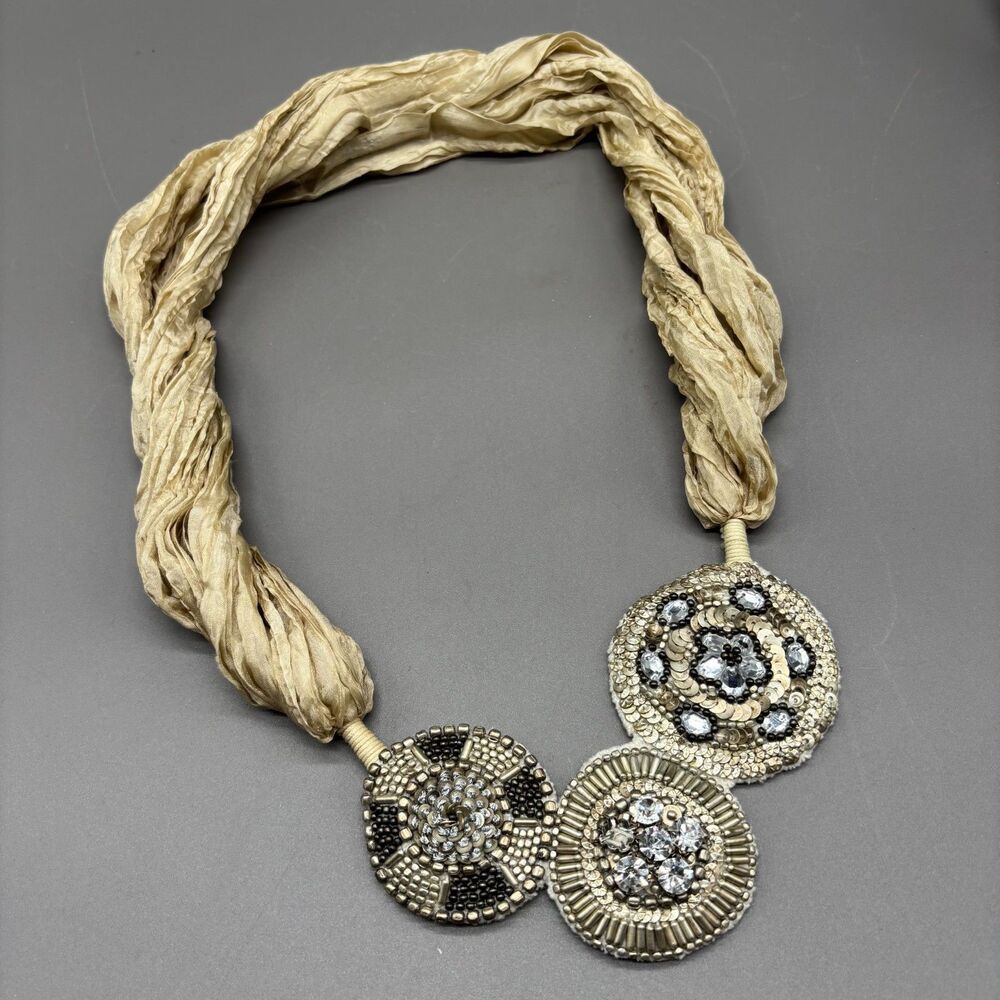 Silk Scarf Statement Necklace Beaded Applique Rhinestone Medallion Boho Luxe